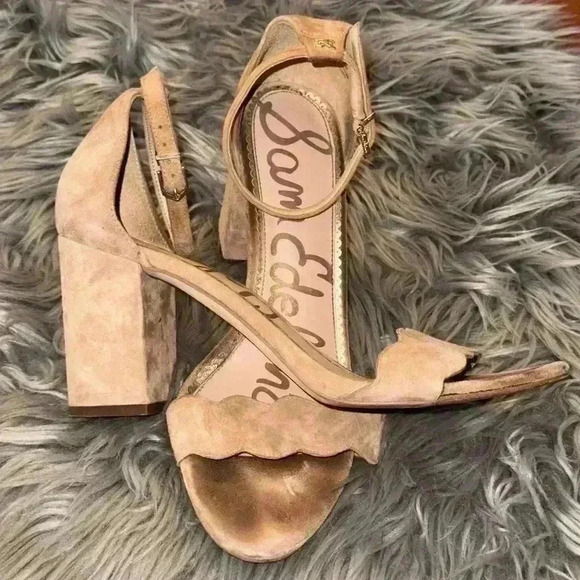 Sam Edelman Odila Scalloped Heel Sandals Camel Suede Nude Size 10 - Picture 2 of 11